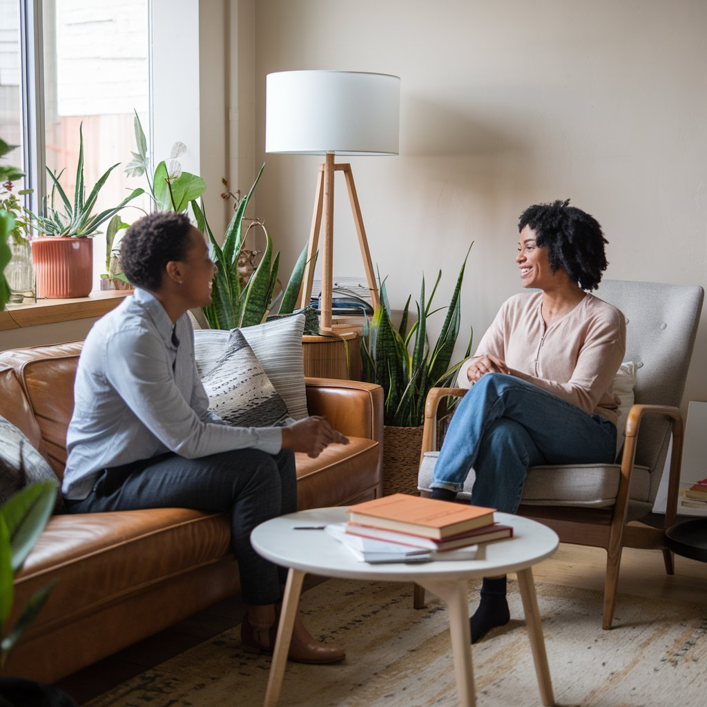 Two people sitting and talking in a relaxed setting, seeking support to cope with HSV flare-ups.