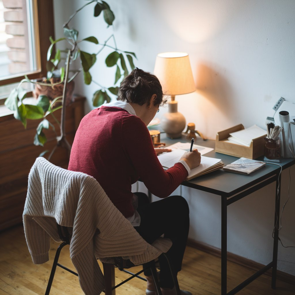 A person writing in a notebook at home, reflecting on lifestyle changes to manage HSV flare-ups.