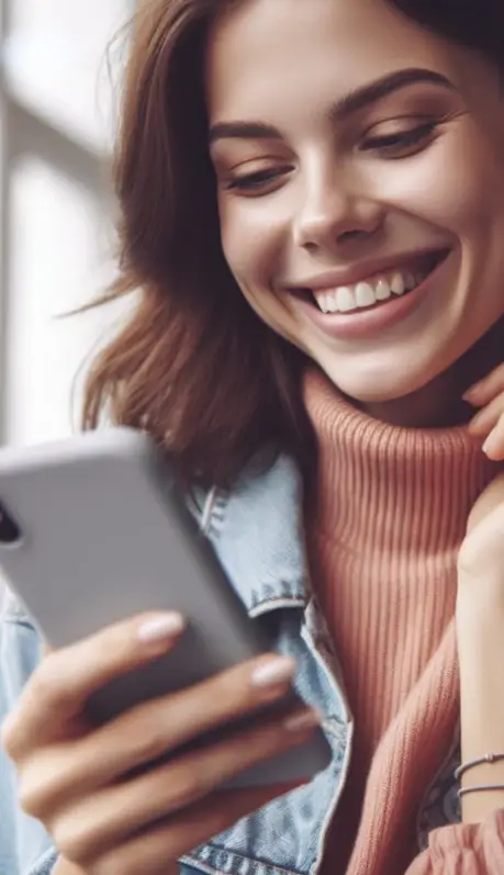 A woman smiling and looking happy holds here phone