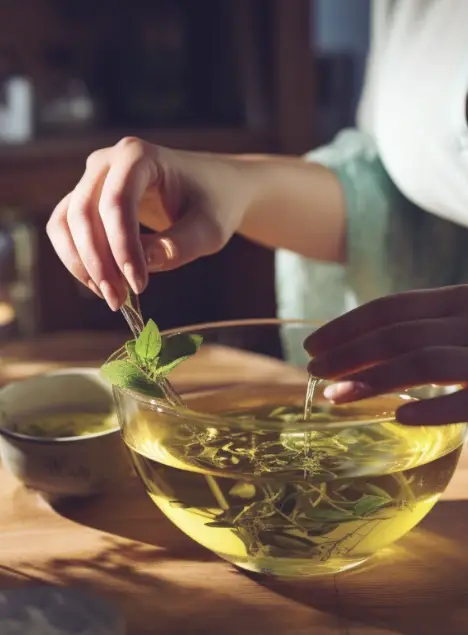 A woman mixes herbs with water in a bowl.