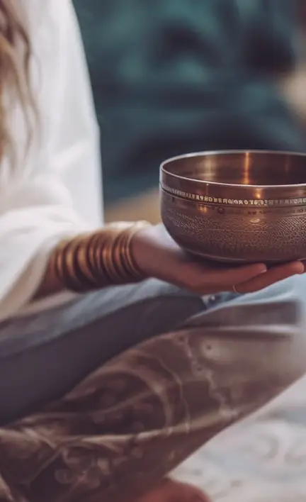 A woman holds an empty bowl.