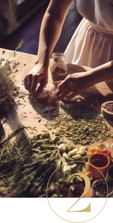 A woman collects herbs and places them into a bottle.