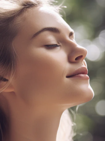 A woman closes her eyes and relaxes.